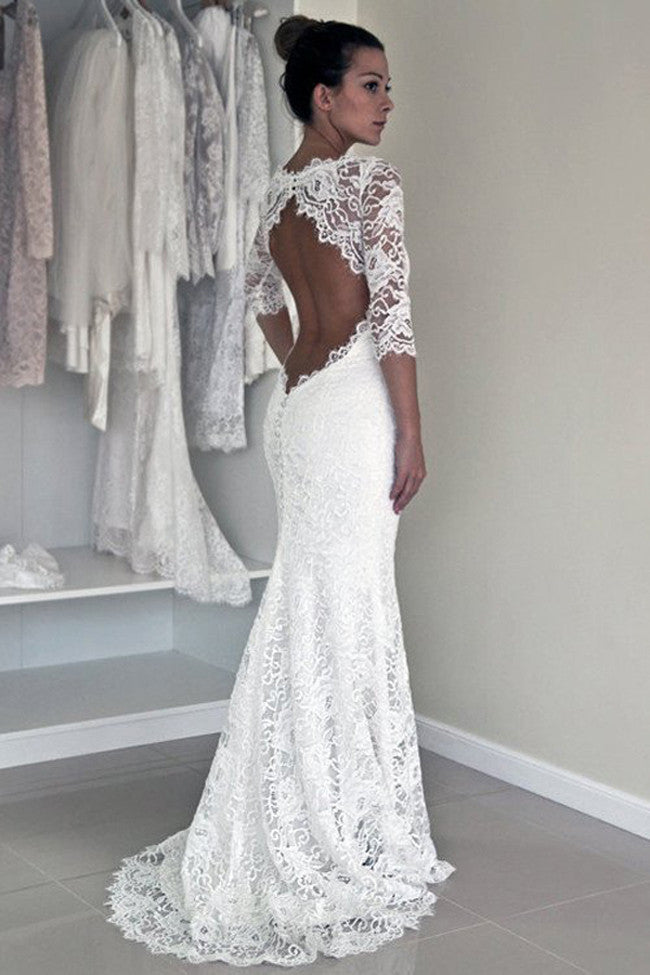 Elegant Long Sleeve Lace Wedding Dress Princess Bridal Wear Zipper Bac –  Ballbella